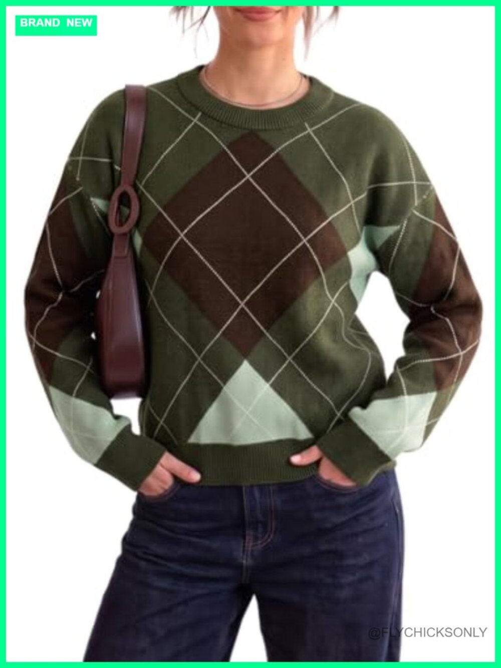 Dropped Shoulder Argyle Sweater Oversized Pullover Knit